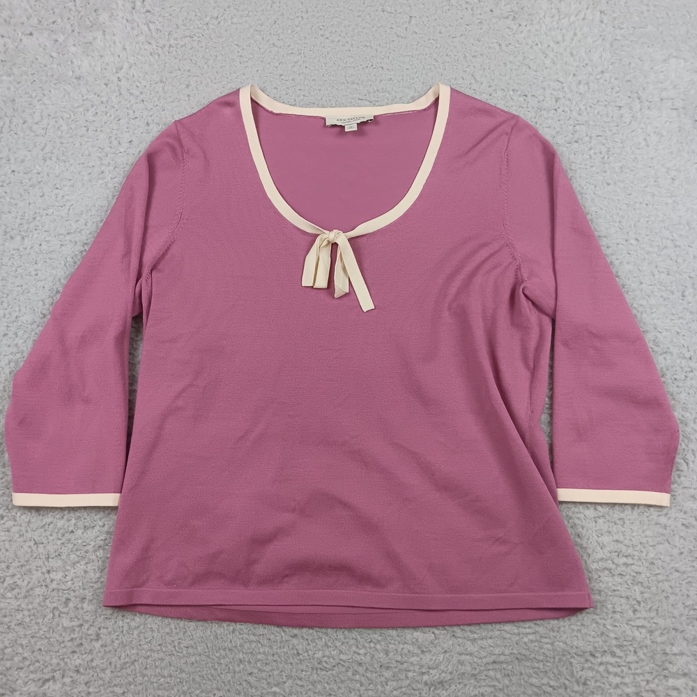 Ann Taylor Sweater Top XL Mauve Purple Silk Blend Bow Neck 3/4 Sleeve 127841